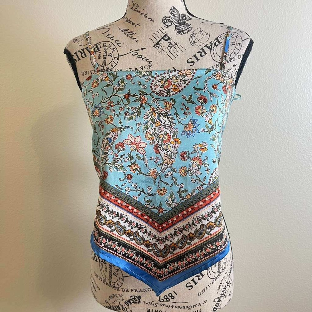 Altar'd State Womens Blue Floral‎ Paisley Scarf Tie Back Smocked Top Medium
